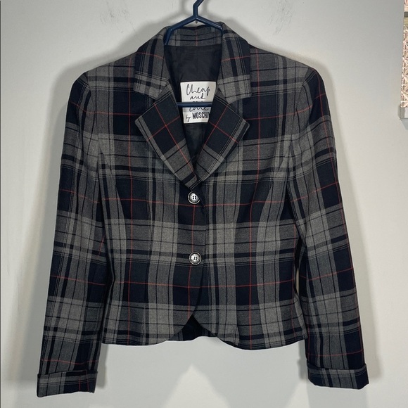 Moschino Vintage 90s Cheap and Chic Black and Gray Plaid Blazer - Picture 1 of 8
